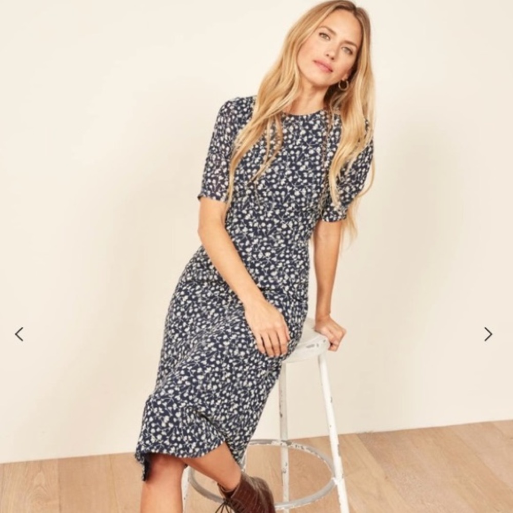 Reformation Prima Dress Navy Floral Midi